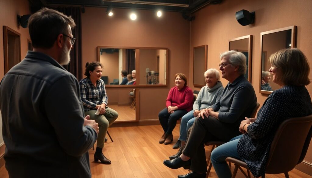 Актеры и их наставники в школе сцены - иллюстрация