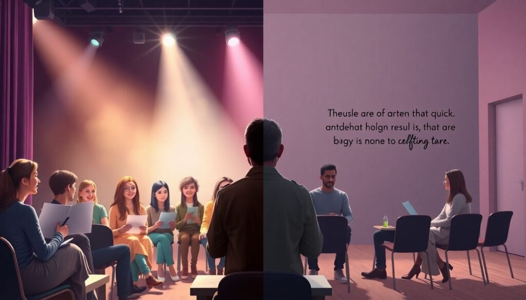 Актеры и их наставники в школе сцены - иллюстрация